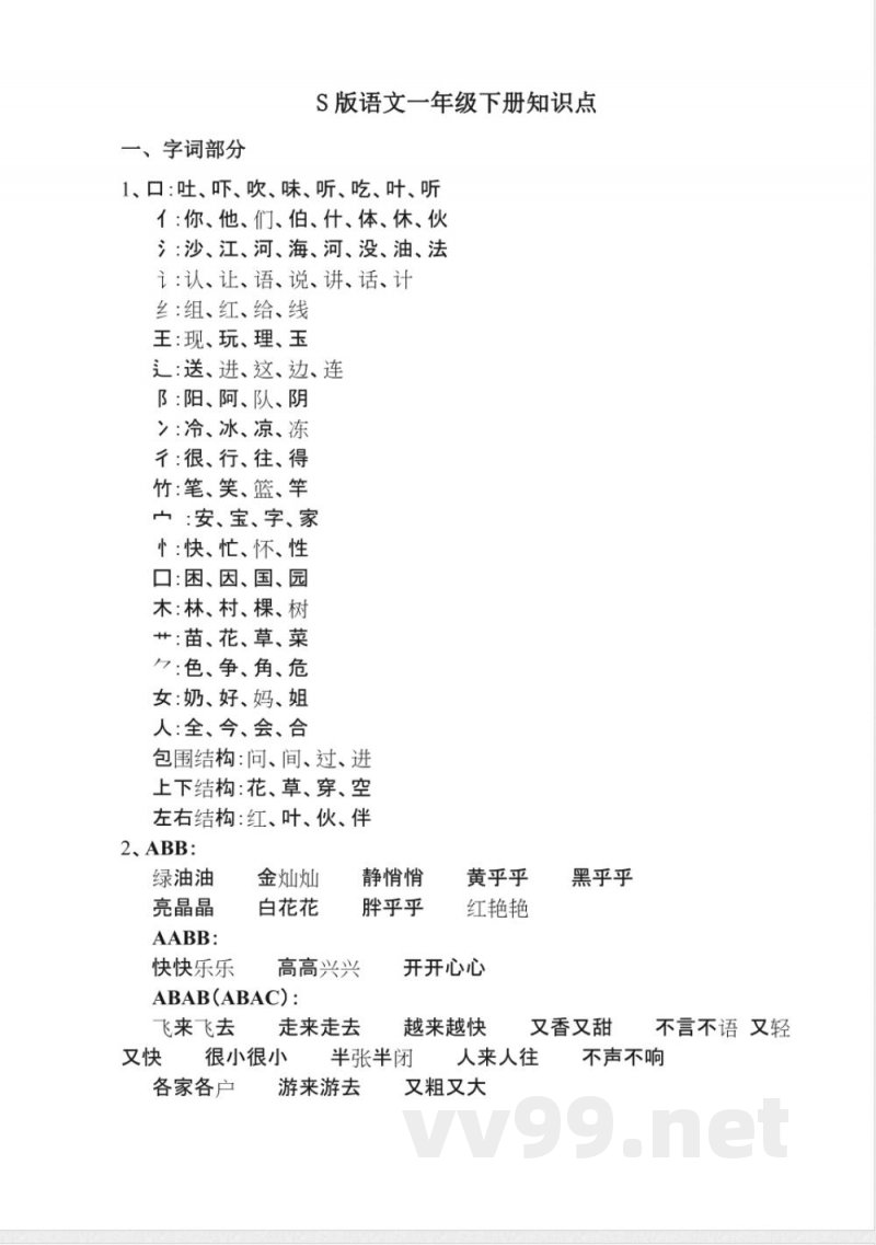 S版语文一年级下册知识点总汇 S版语文一年级下册知识点总汇