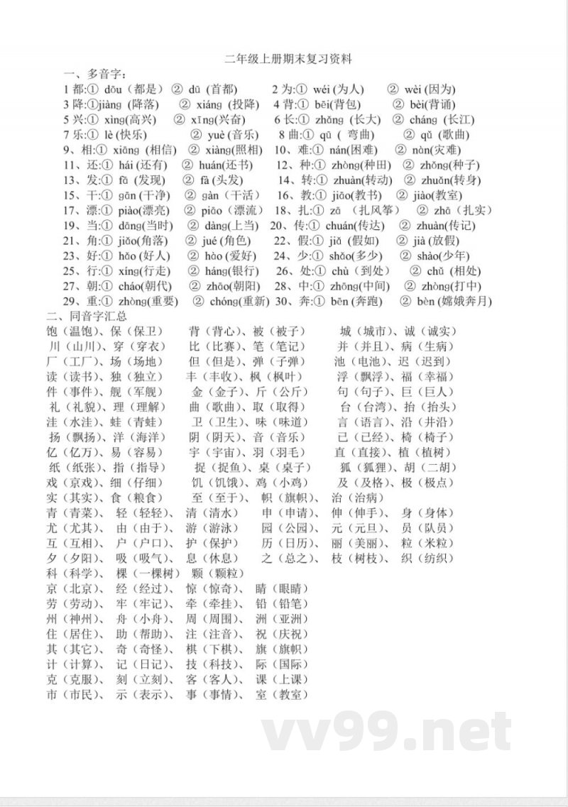 小学语文 人教版二年级上册语文复习知识点 小学语文 人教版二年级上册语文复习知识点