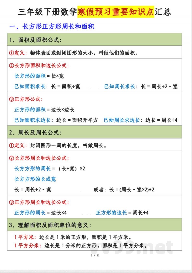 三年级(下册)数学【必背知识点】人教版 三年级(下册)数学【必背知识点】人教版