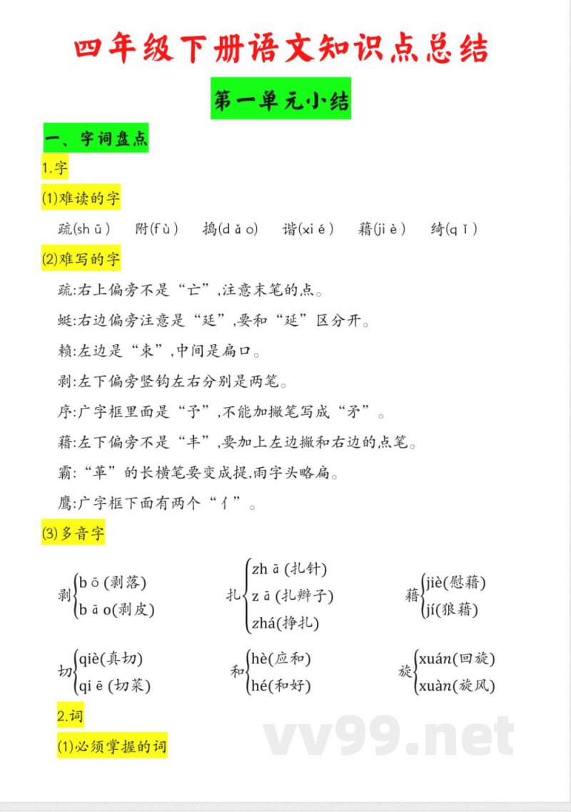 2025小学四年级下册语文知识点总结 2025小学四年级下册语文知识点总结