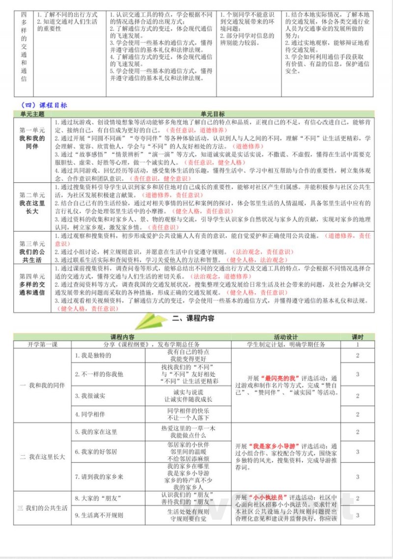 统编版道德与法治三年级下册课程纲要教材解析 统编版道德与法治三年级下册课程纲要教材解析