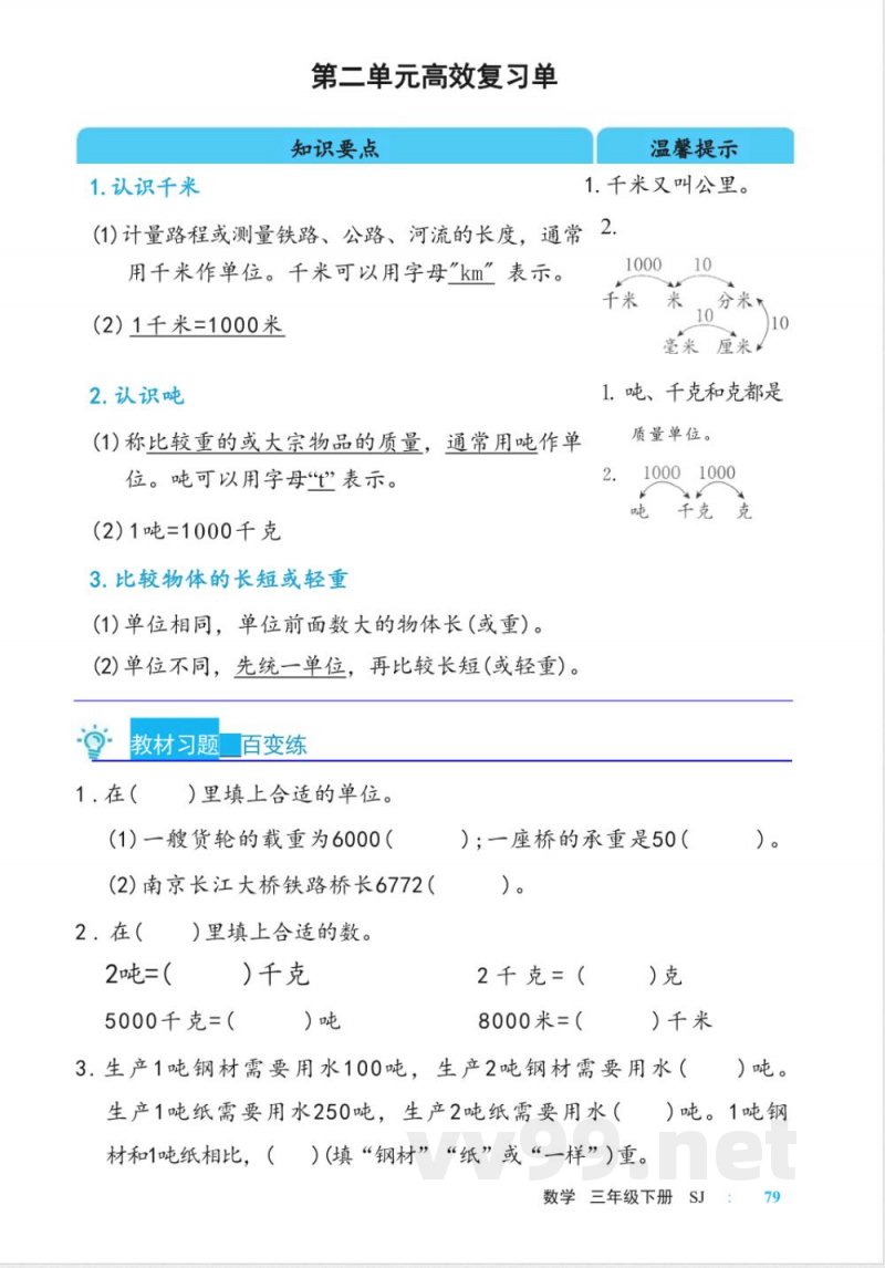 苏教版数学三年级下册全册单元知识点复习练习 苏教版数学三年级下册全册单元知识点复习练习