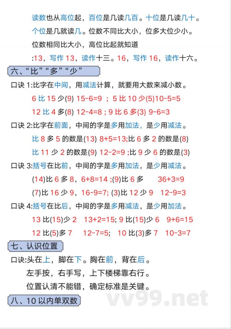 一年级上册数学必备知识点口诀 一年级上册数学必备知识点口诀