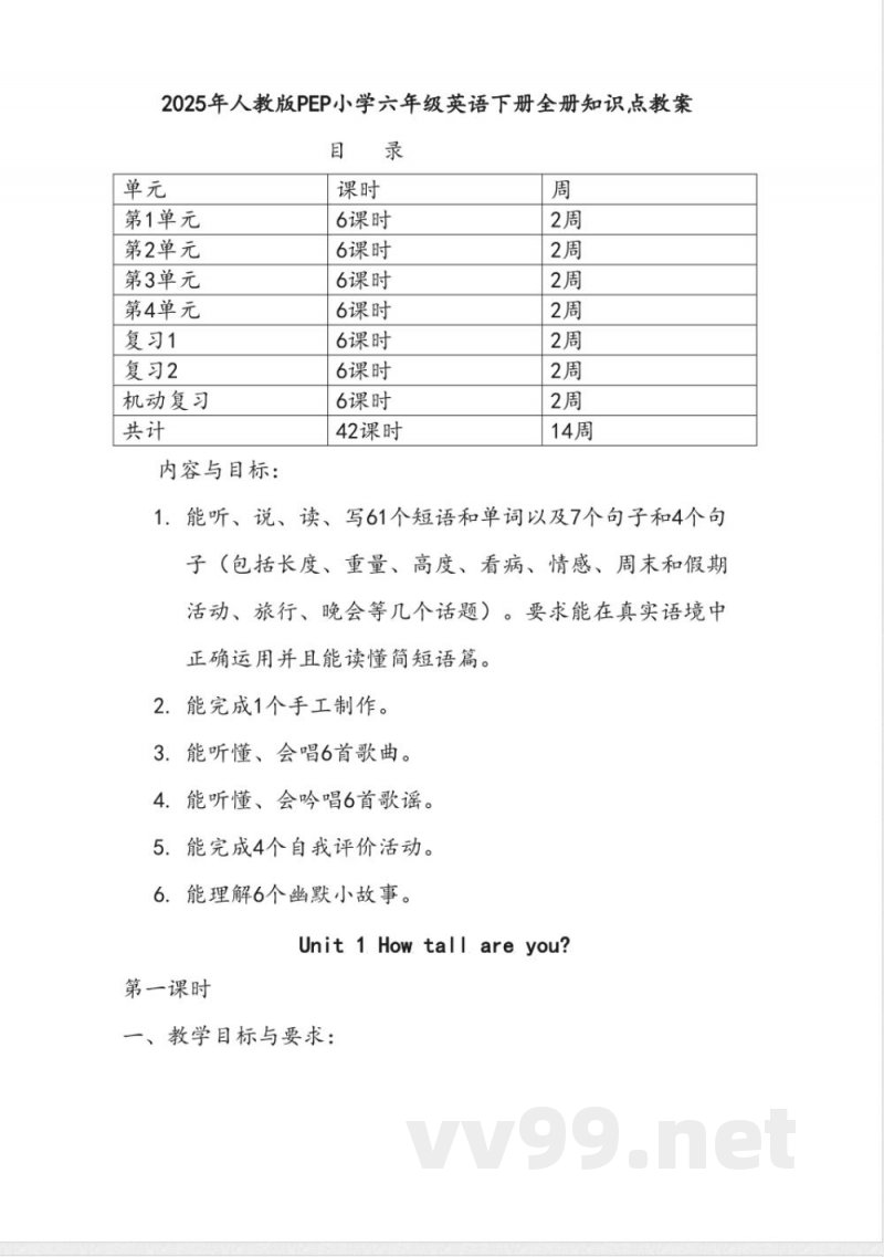 2025年人教版PEP小学六年级英语下册全册知识点教案