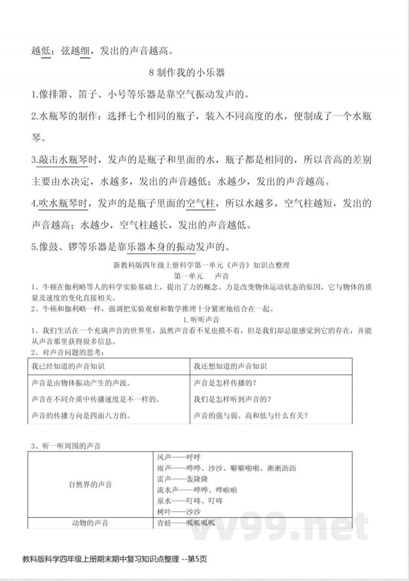 教科版科学四年级上册期末期中复习知识点整理 教科版科学四年级上册期末期中复习知识点整理
