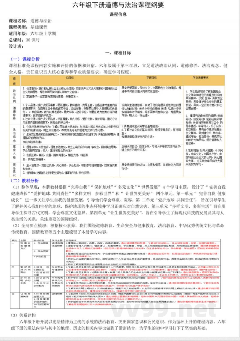 统编版道德与法治六年级下册课程纲要教材解析2