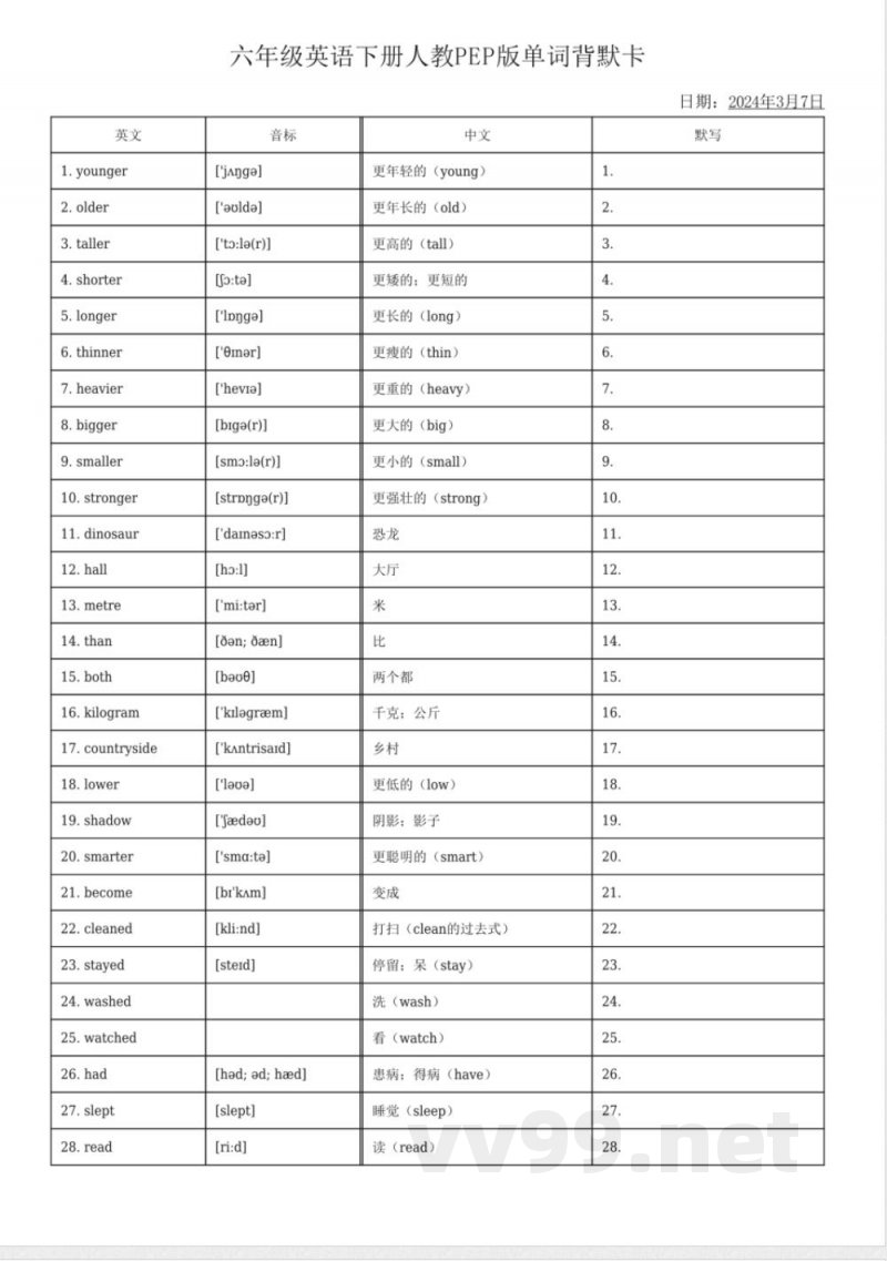 六年级英语下册人教PEP版单词默背卡 六年级英语下册人教PEP版单词默背卡